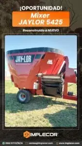 Imagen promocional de Implecor ofreciendo mixer Jaylor 5425 reconstruido como nuevo, mostrando la mezcladora de alimento roja en campo