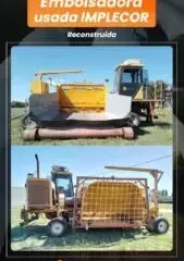 Imagen promocional de Implecor mostrando empacadora usada reconstruida con dos vistas del equipo agrícola amarillo y negro en diferentes ángulos