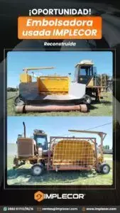 Imagen promocional de Implecor mostrando empacadora usada reconstruida con dos vistas del equipo agrícola amarillo y negro en diferentes ángulos