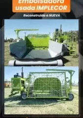 Imagen promocional de Implecor mostrando empacadora usada reconstruida como nueva, con dos vistas del equipo agrícola verde mostrando la cámara de empacado y el mecanismo de alimentación