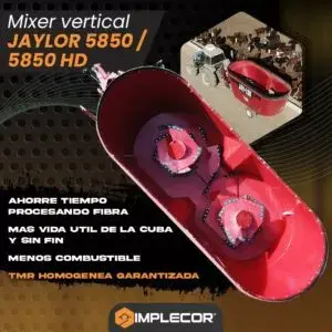 Imagen promocional del mixer vertical Jaylor 5850/5850 HD marca Implecor, mostrando el interior de la cuba mezcladora con tornillo vertical y texto descriptivo de sus beneficios